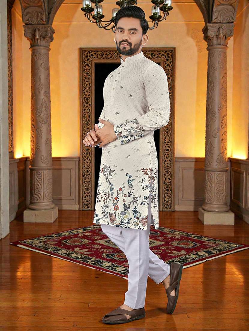 men printed mandarin neck long kurta - 22595141 -  Standard Image - 3