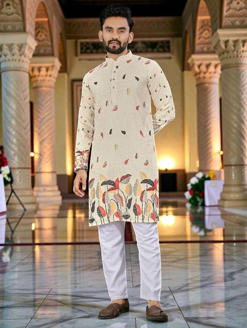 men printed mandarin neck long kurta