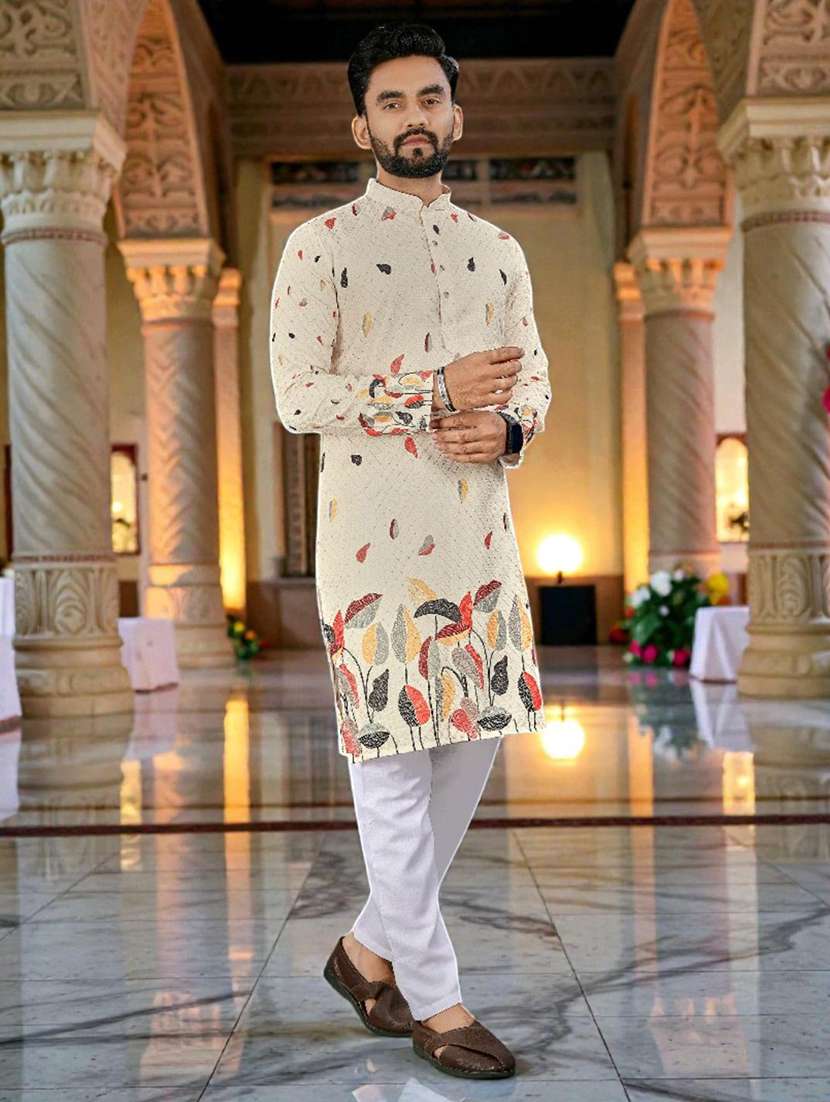 men printed mandarin neck long kurta - 22595146 -  Standard Image - 3