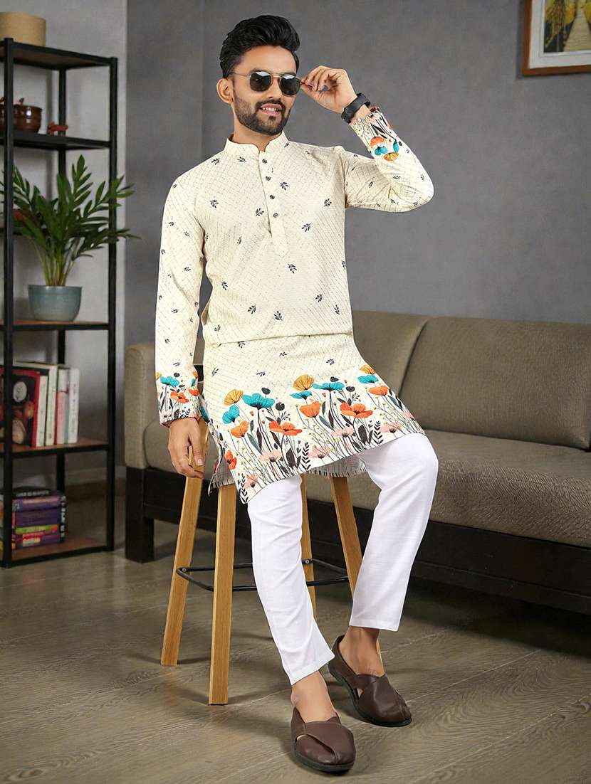 men printed mandarin neck long kurta
