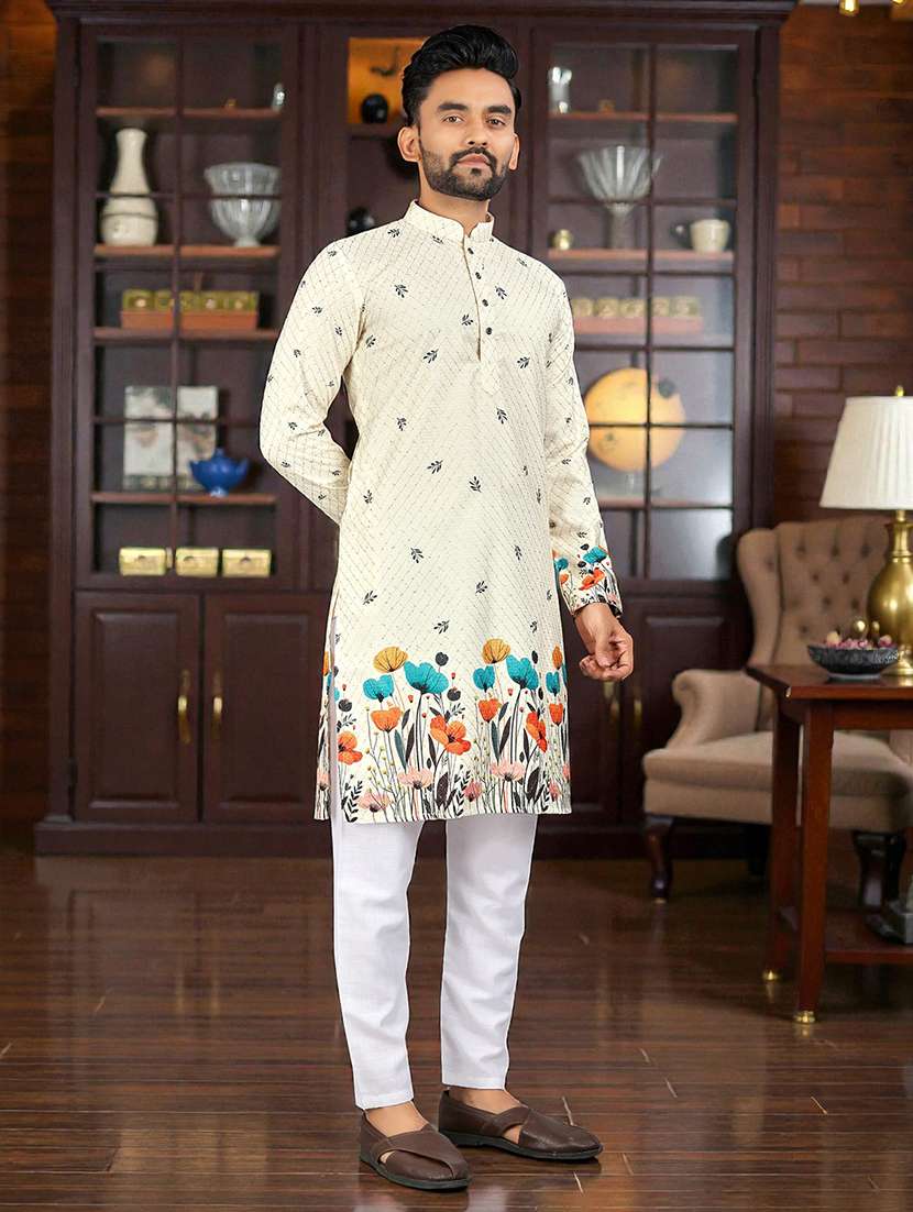 men printed mandarin neck long kurta - 22595150 -  Standard Image - 3