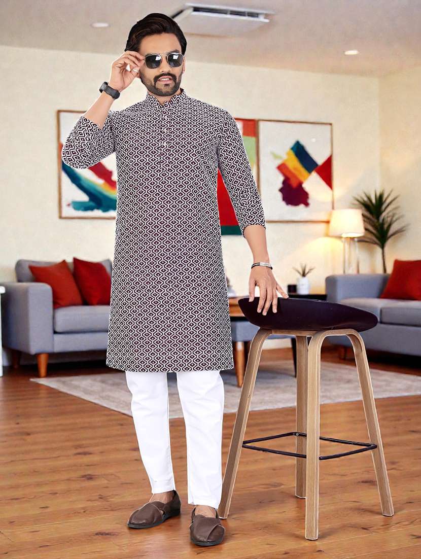 men solid with work mandarin neck long kurta