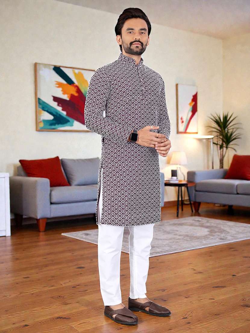 Men Solid With Work Mandarin Neck Long Kurta - 22595163 -  Standard Image - 3