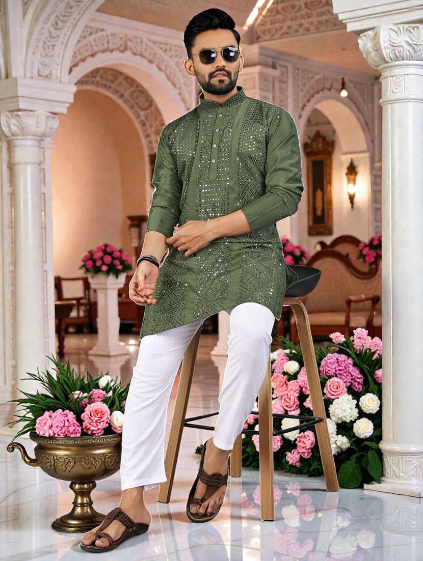 men solid with work mandarin neck long kurta