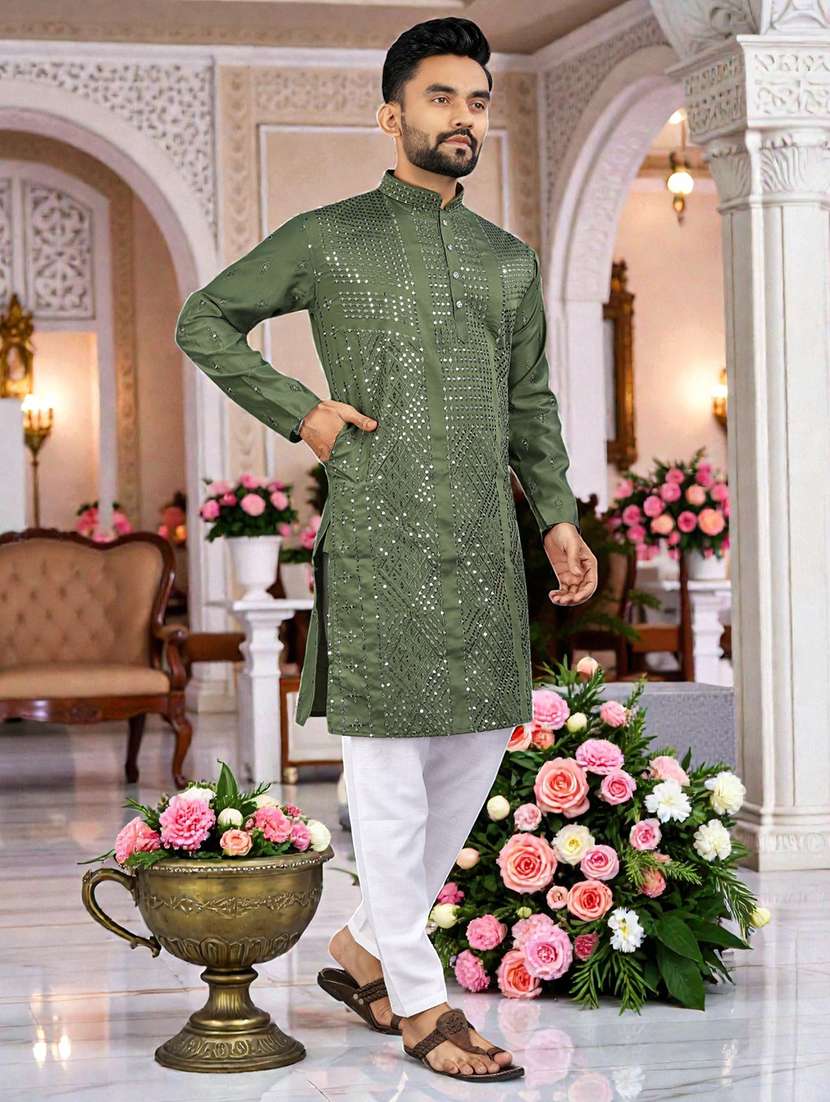 men solid with work mandarin neck long kurta - 22595178 -  Standard Image - 3