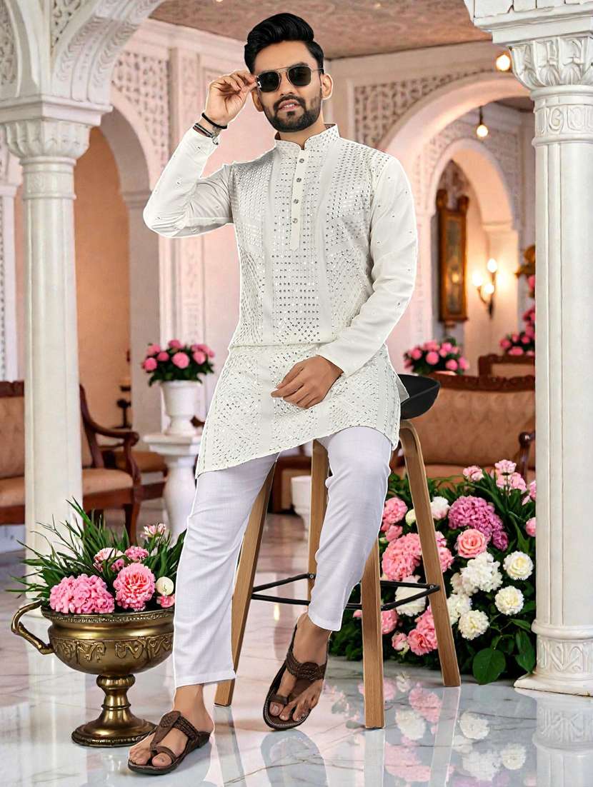 men solid with work mandarin neck long kurta