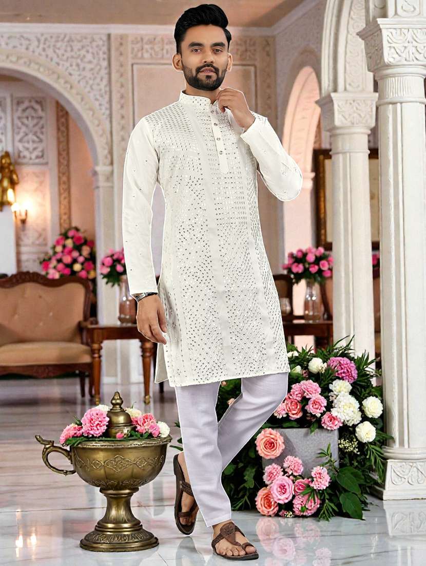 men solid with work mandarin neck long kurta - 22595179 -  Standard Image - 3