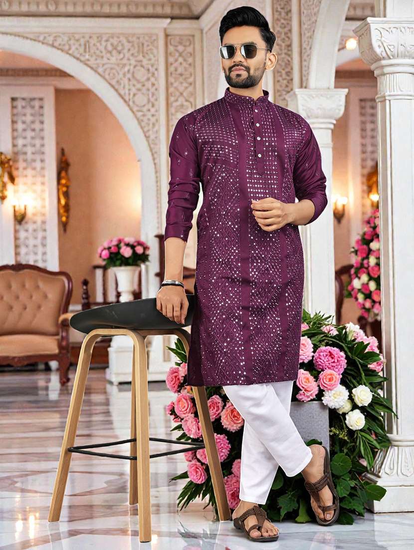 men solid with work mandarin neck long kurta