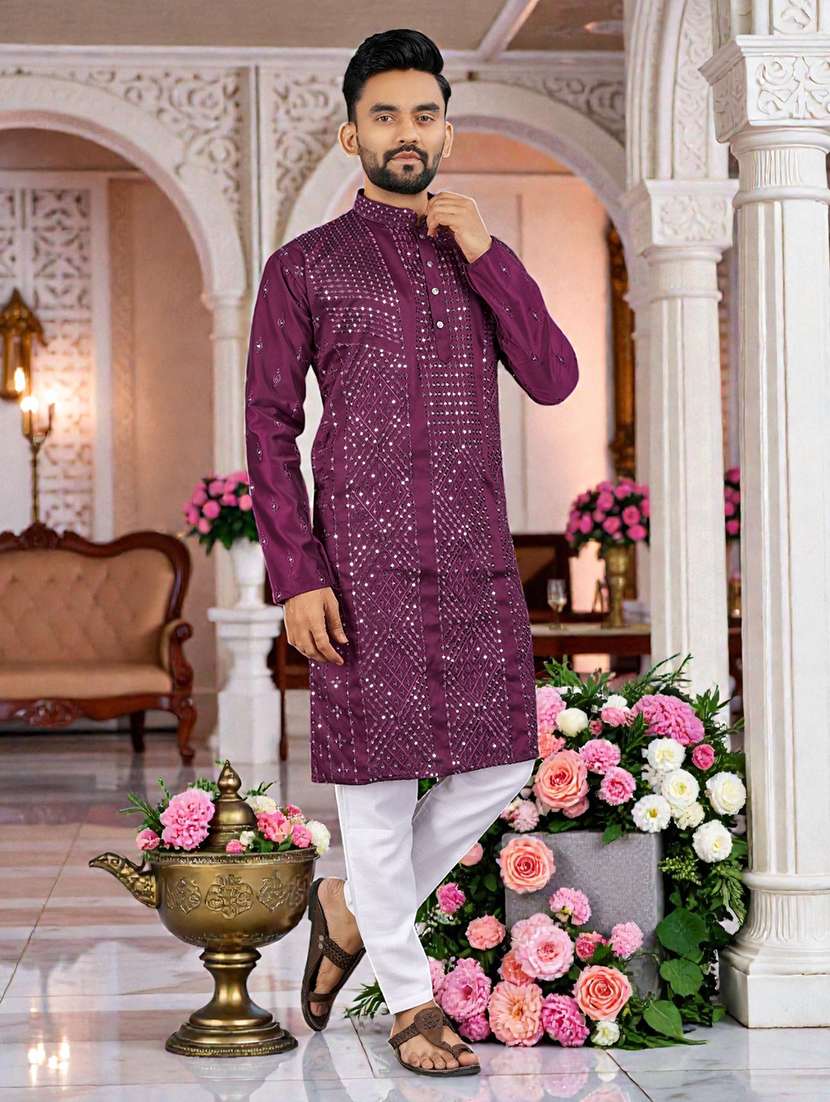 men solid with work mandarin neck long kurta - 22595180 -  Standard Image - 3