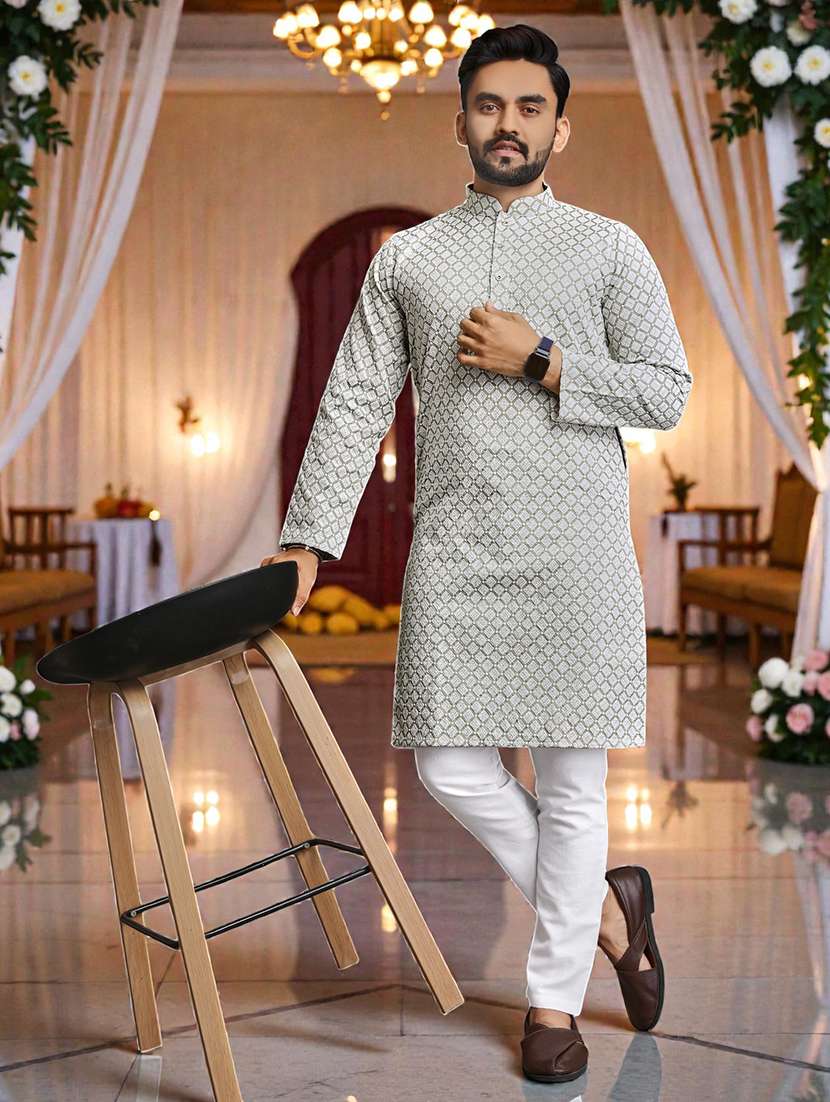 men solid with work mandarin neck long kurta