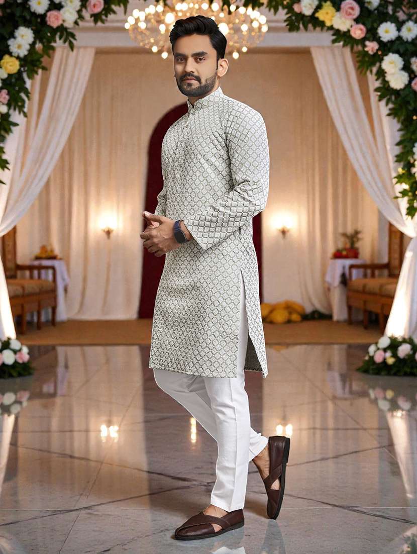 Men Solid With Work Mandarin Neck Long Kurta - 22595185 -  Standard Image - 3