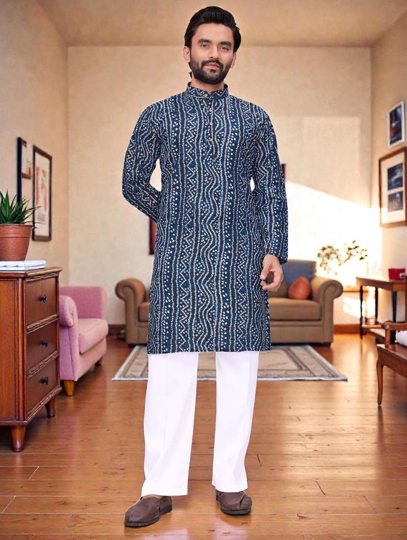 men printed mandarin neck long kurta