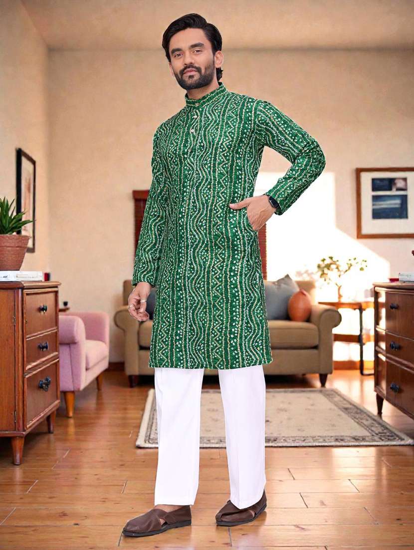 men printed mandarin neck long kurta