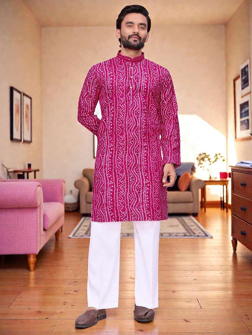 men printed mandarin neck long kurta