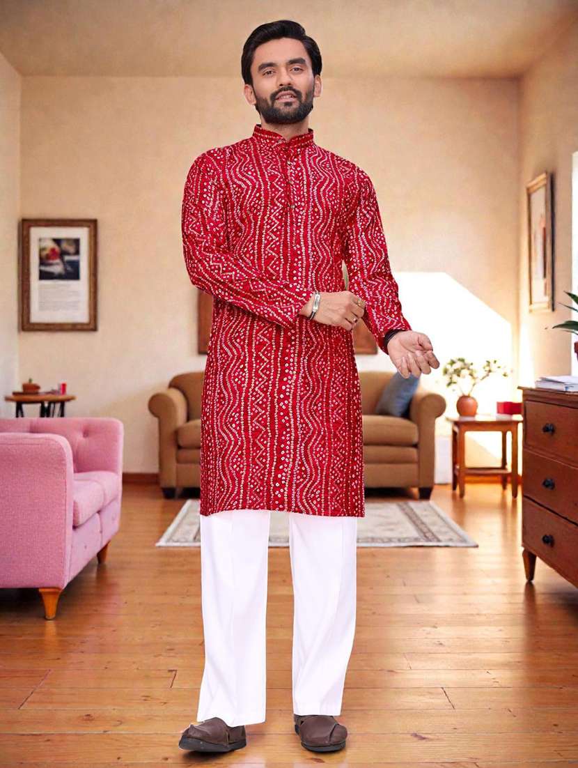 men printed mandarin neck long kurta