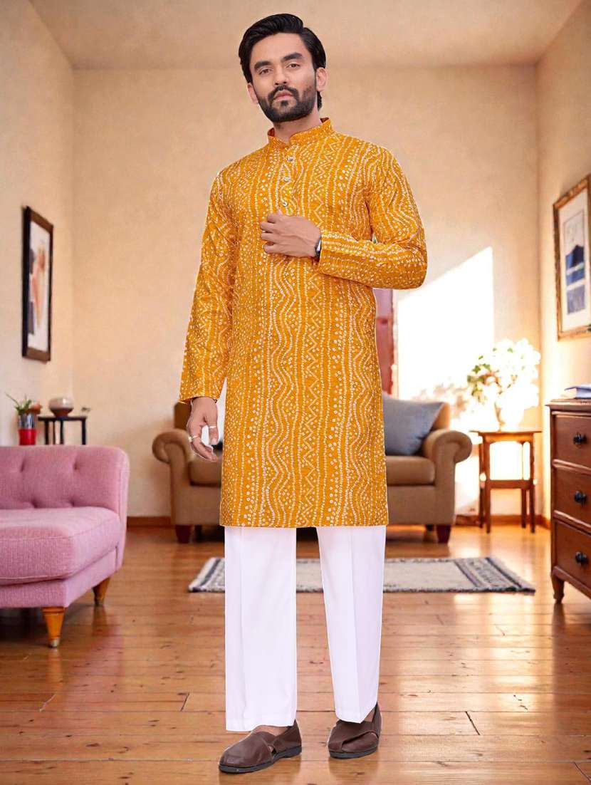 men printed mandarin neck long kurta