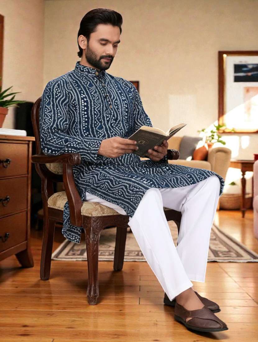 men bandhani printed mandarin neck long kurta - 22595199 -  Standard Image - 3