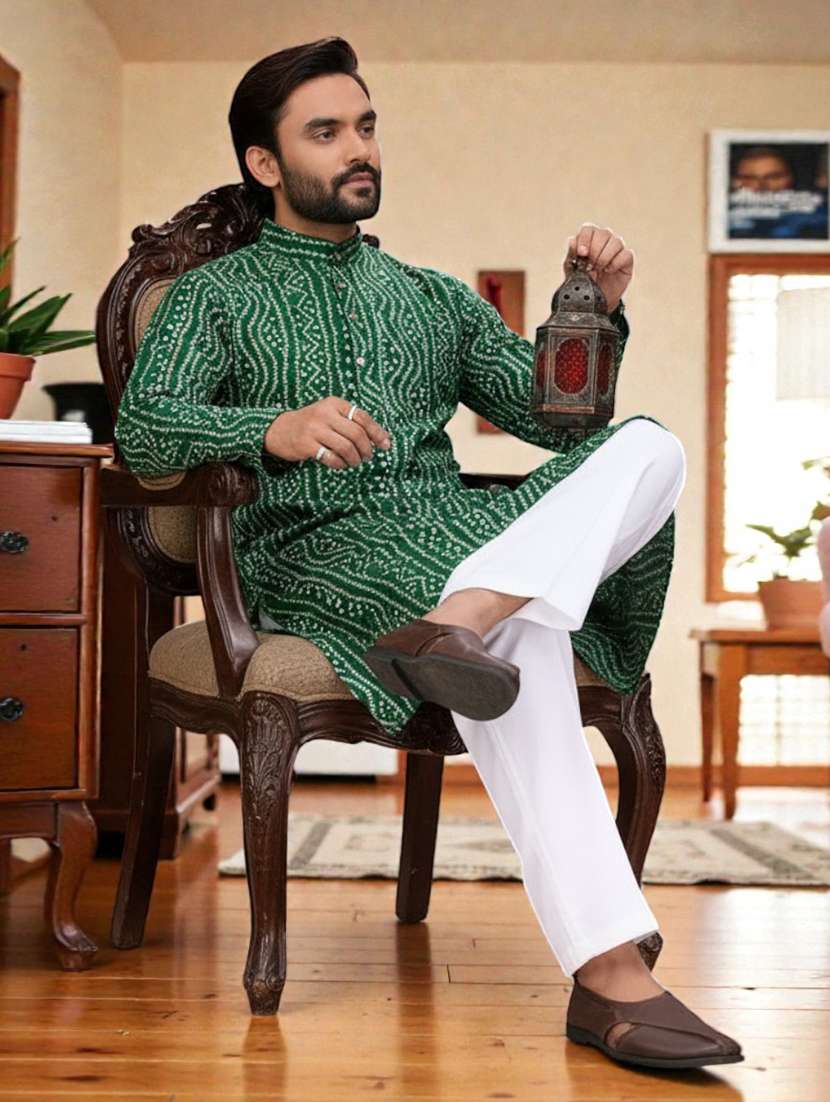 men bandhani printed mandarin neck long kurta - 22595200 -  Standard Image - 3