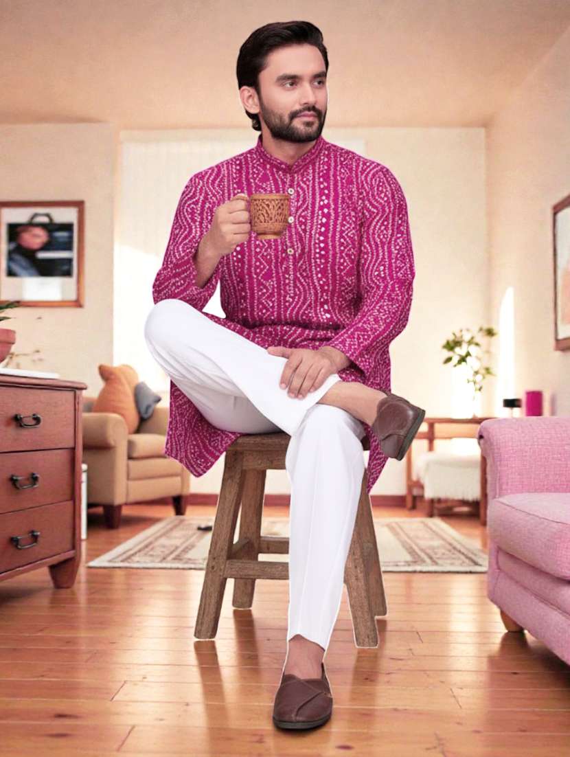men bandhani printed mandarin neck long kurta - 22595202 -  Standard Image - 3