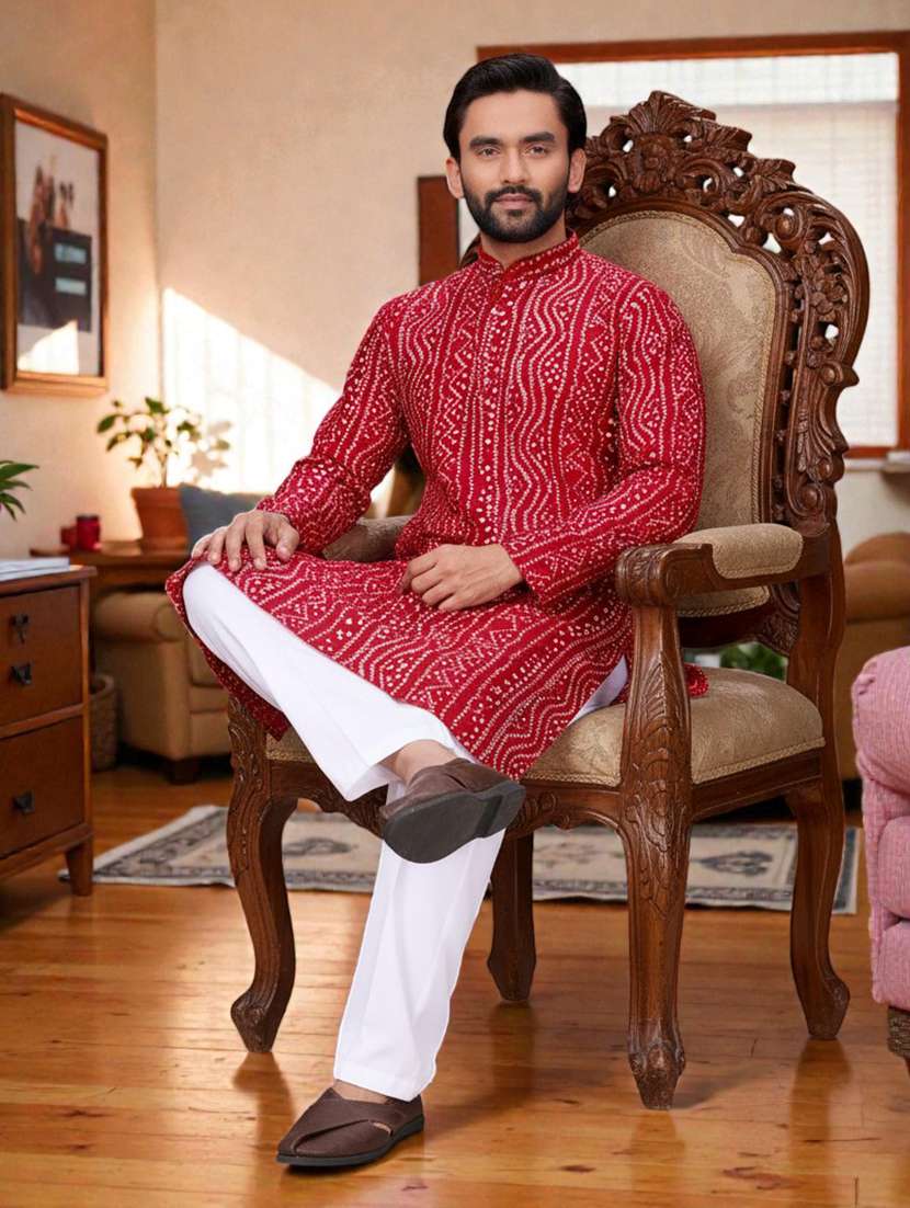 men bandhani printed mandarin neck long kurta - 22595205 -  Standard Image - 3