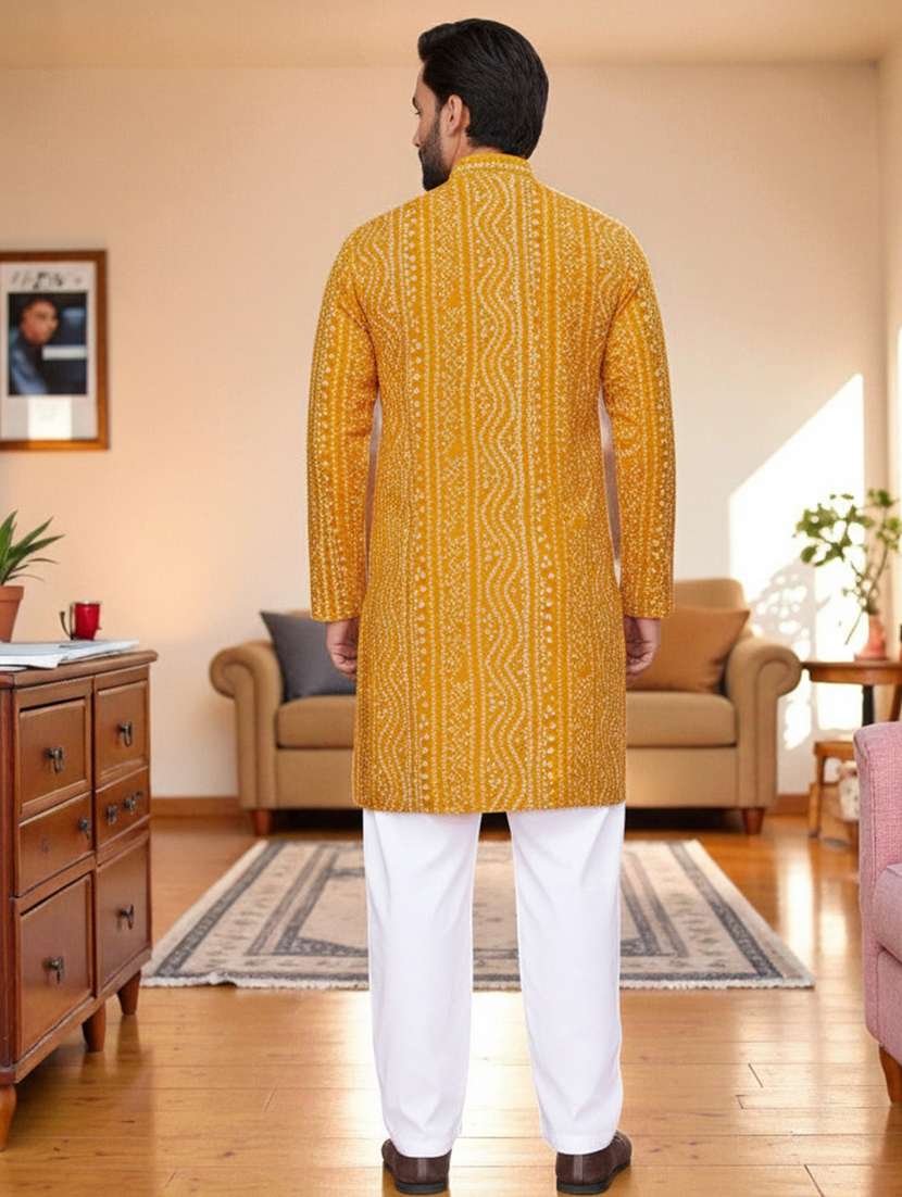 men bandhani printed mandarin neck long kurta - 22595208 -  Standard Image - 3