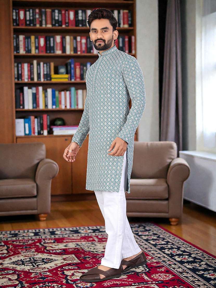 men solid with work mandarin neck long kurta - 22595218 -  Standard Image - 3