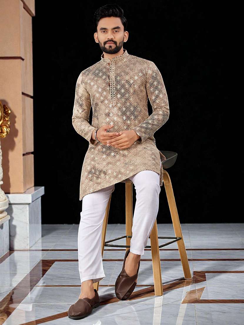 men printed mandarin neck long kurta