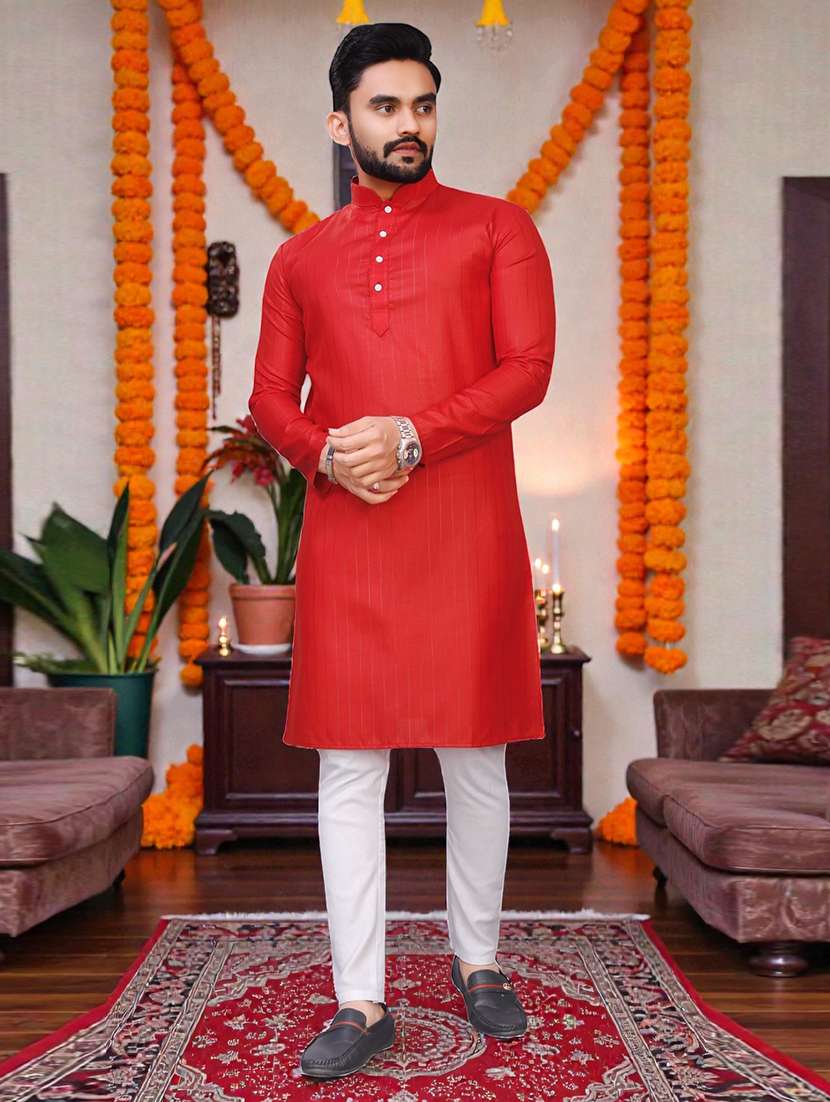 men striped mandarin neck long kurta