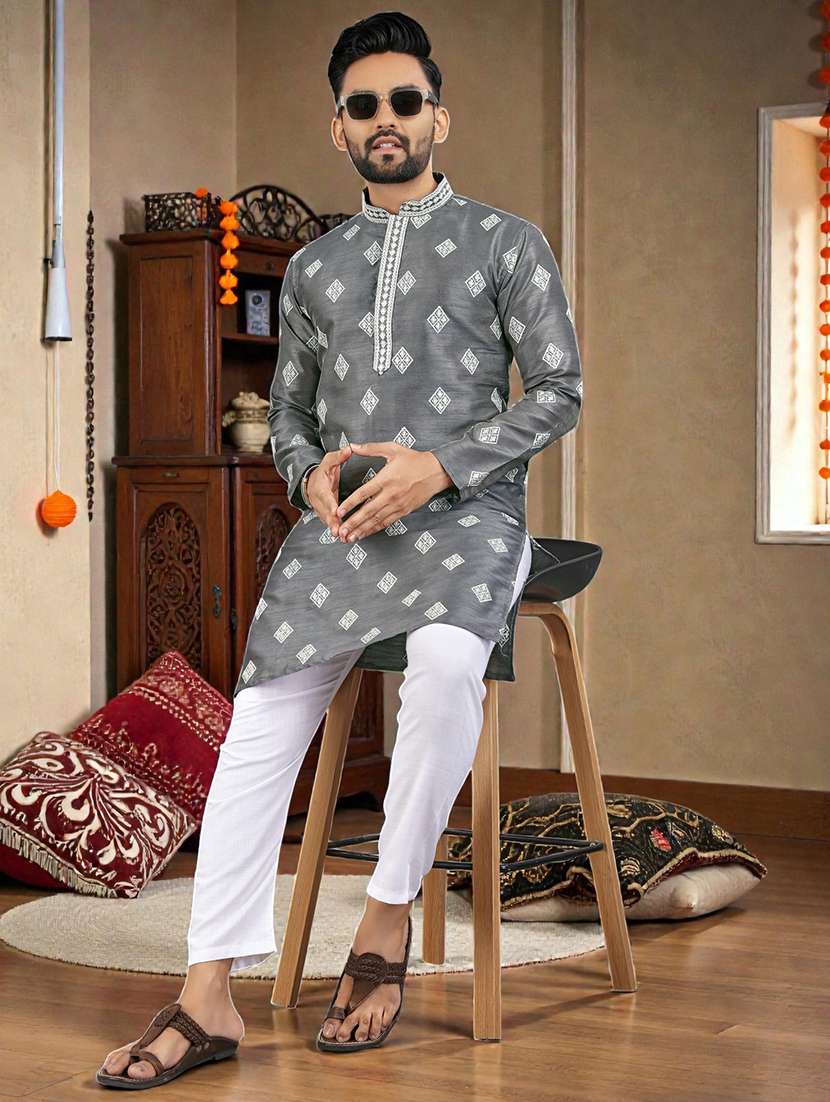 men solid with work mandarin neck long kurta