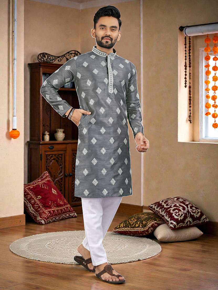men solid with work mandarin neck long kurta - 22595252 -  Standard Image - 3