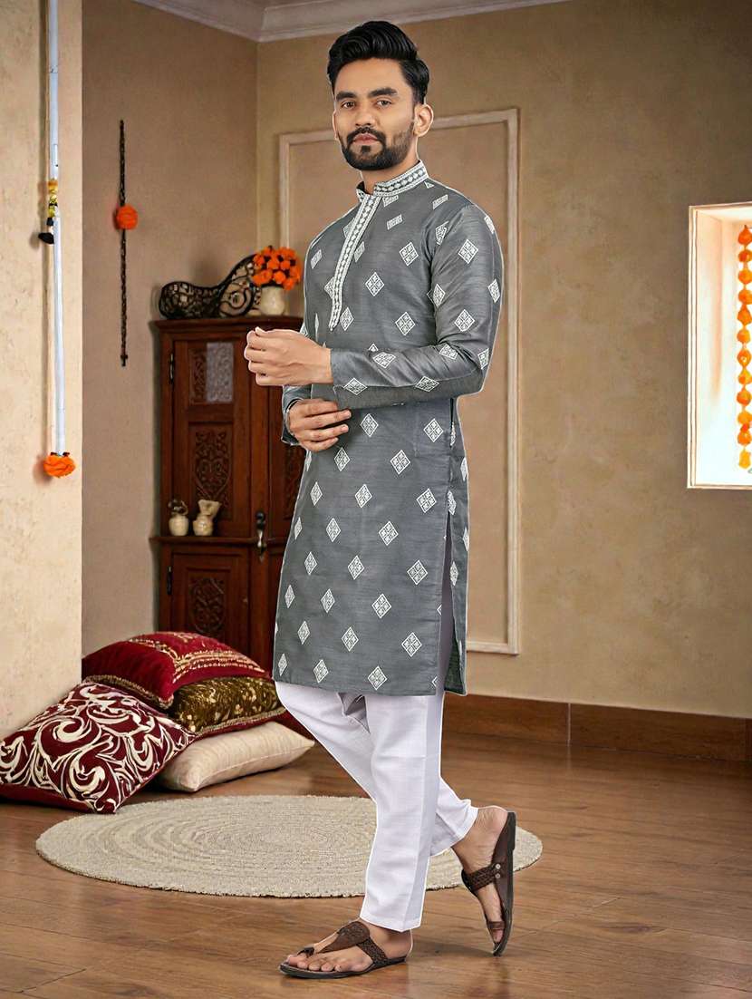 men solid with work mandarin neck long kurta - 22595252 -  Standard Image - 5