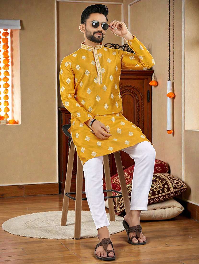 men solid with work mandarin neck long kurta
