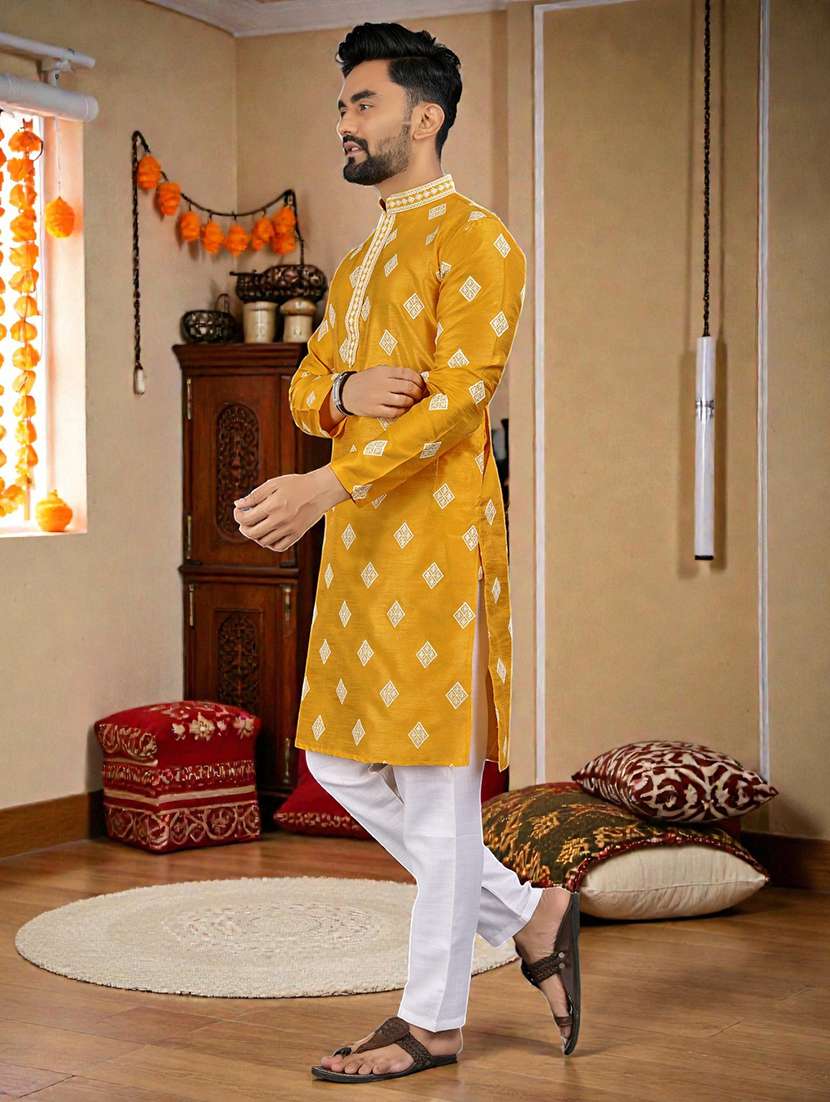Men Solid With Work Mandarin Neck Long Kurta - 22595255 -  Standard Image - 5