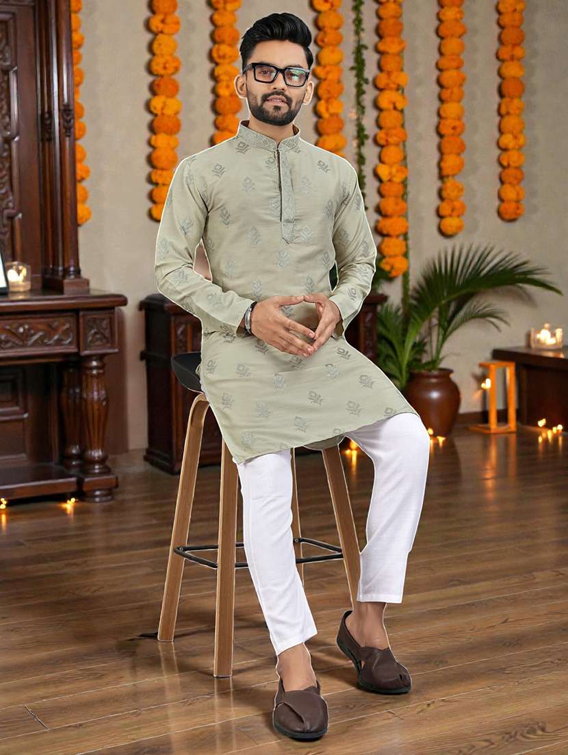 men solid with work mandarin neck long kurta