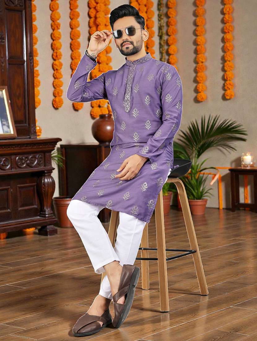 men solid with work mandarin neck long kurta