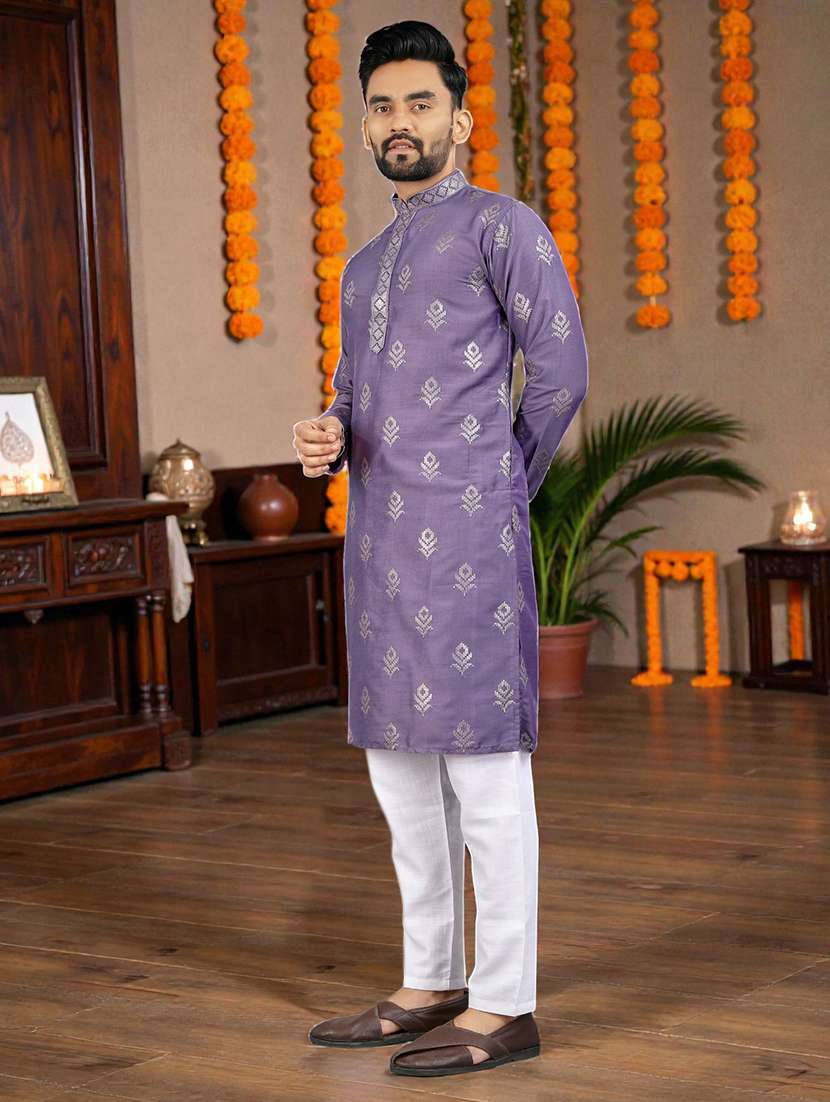 men solid with work mandarin neck long kurta - 22595258 -  Standard Image - 3