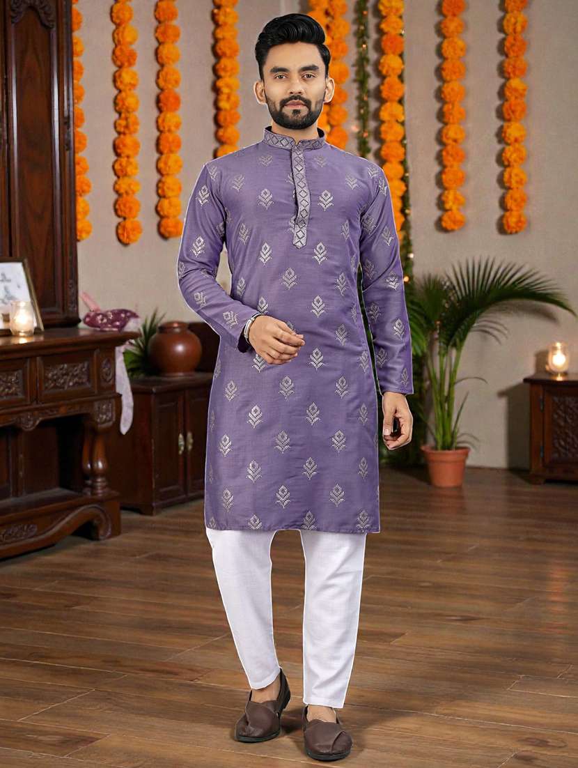 men solid with work mandarin neck long kurta - 22595258 -  Standard Image - 5
