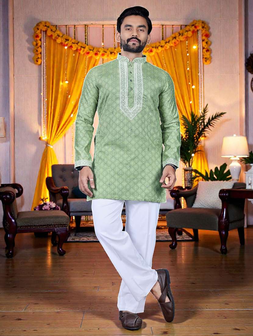 men printed mandarin neck short kurta