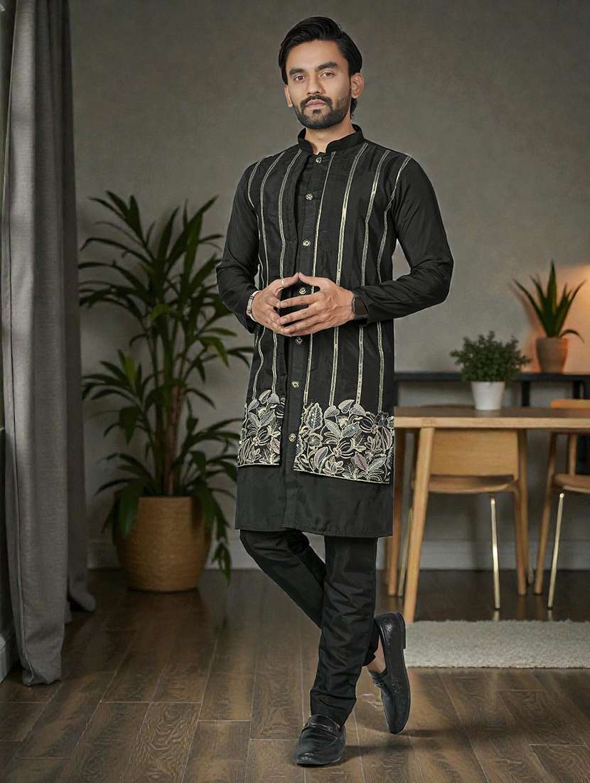 men solid with work mandarin neck long kurta