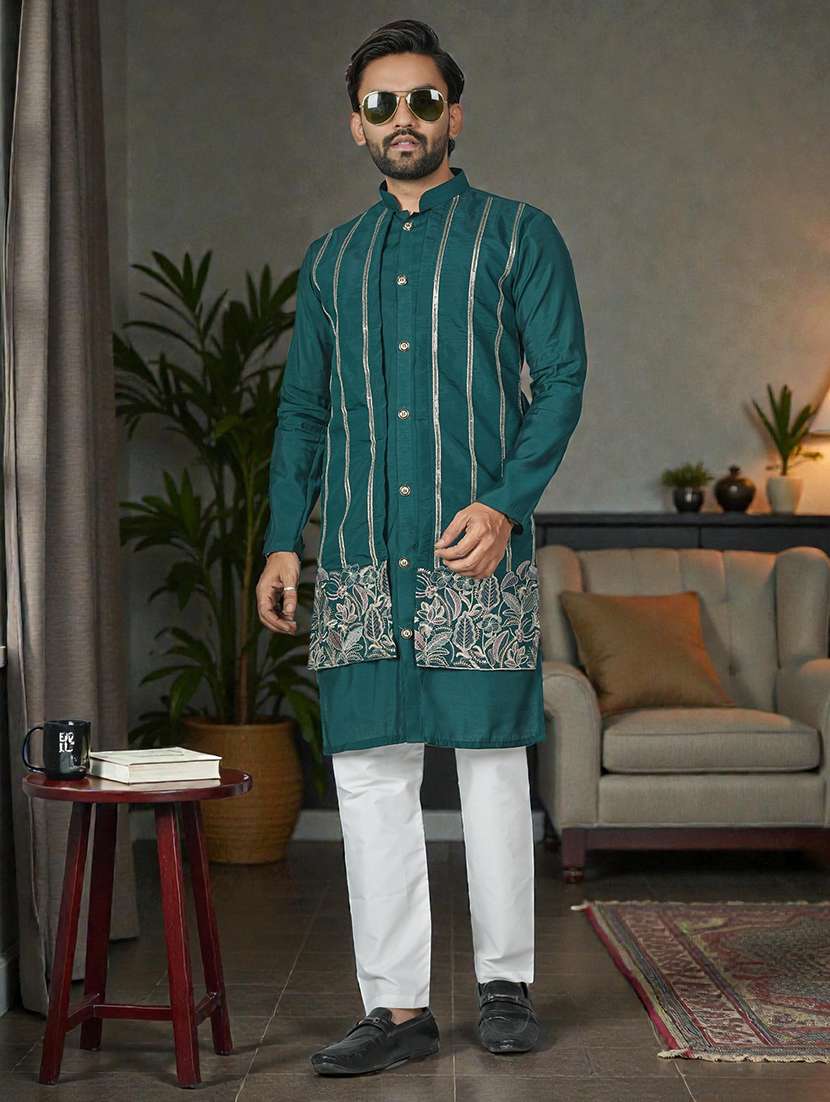 men solid with work mandarin neck long kurta