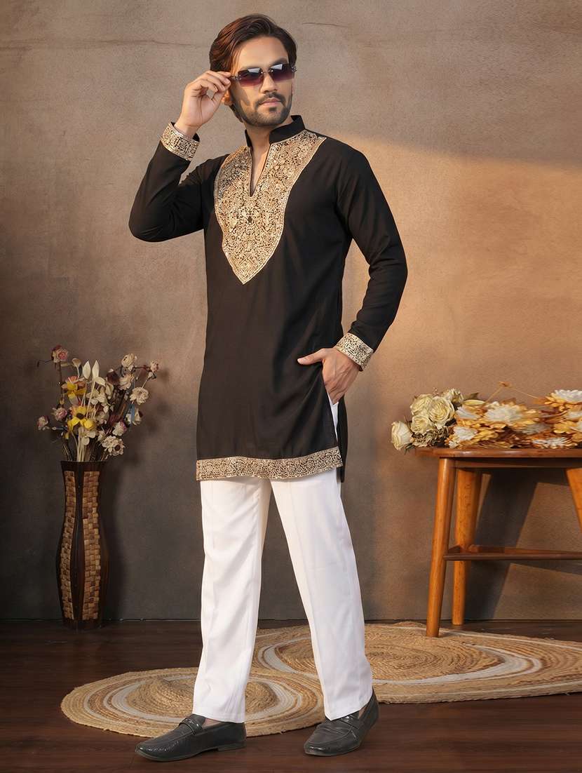 men solid with work mandarin neck short kurta - 22595274 -  Standard Image - 3