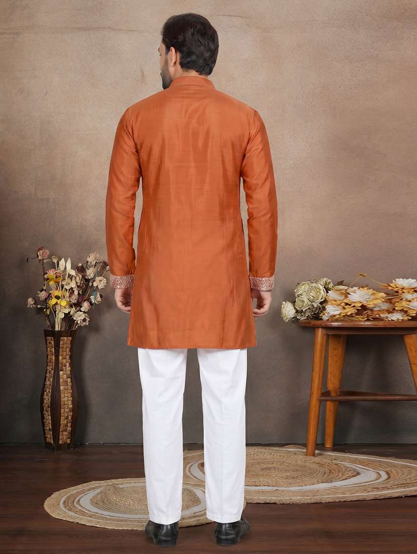 men solid with work mandarin neck short kurta - 22595275 -  Standard Image - 3