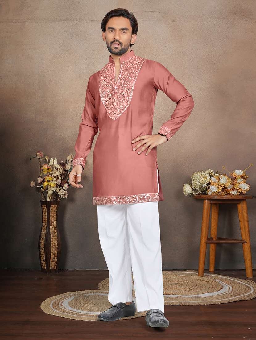 men solid with work mandarin neck short kurta - 22595276 -  Standard Image - 3