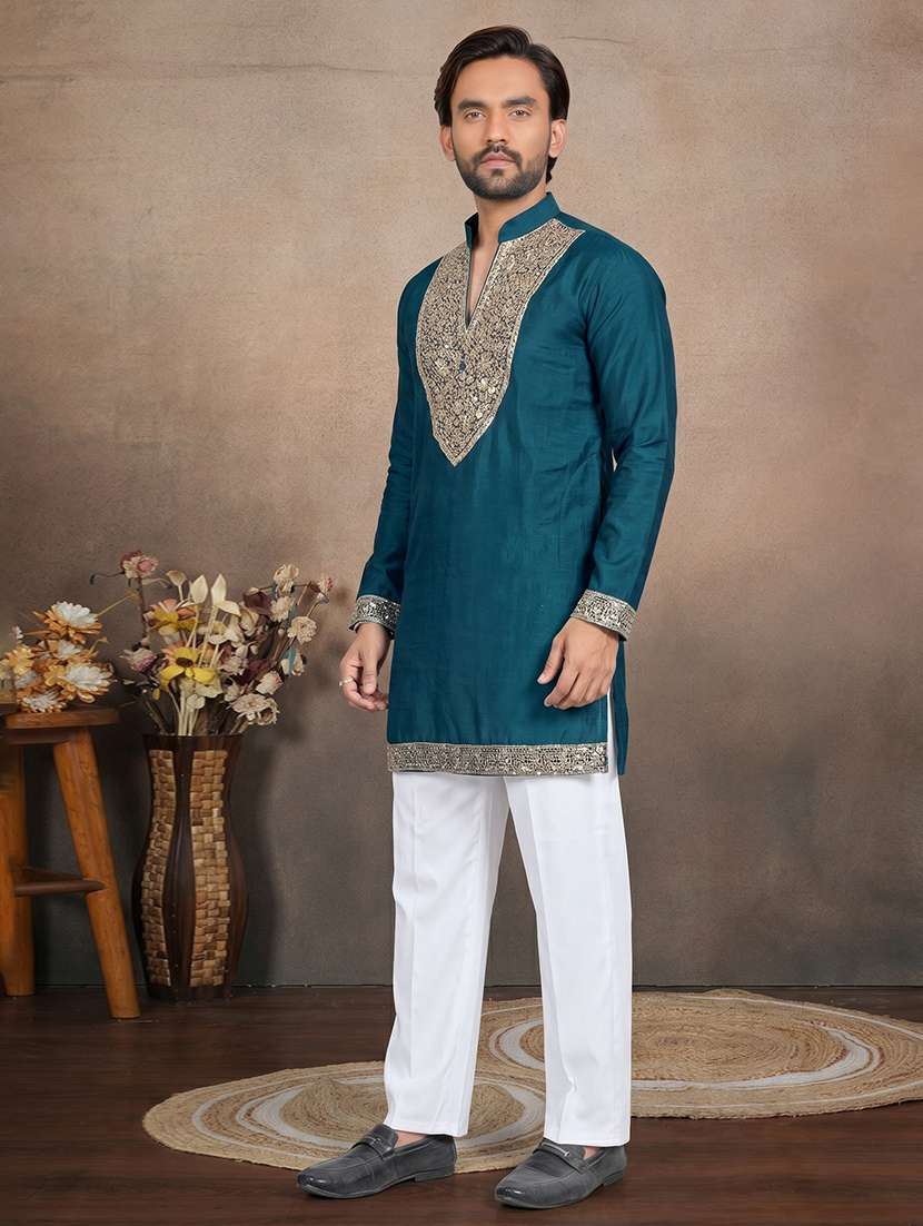 men solid with work mandarin neck short kurta - 22595277 -  Standard Image - 3