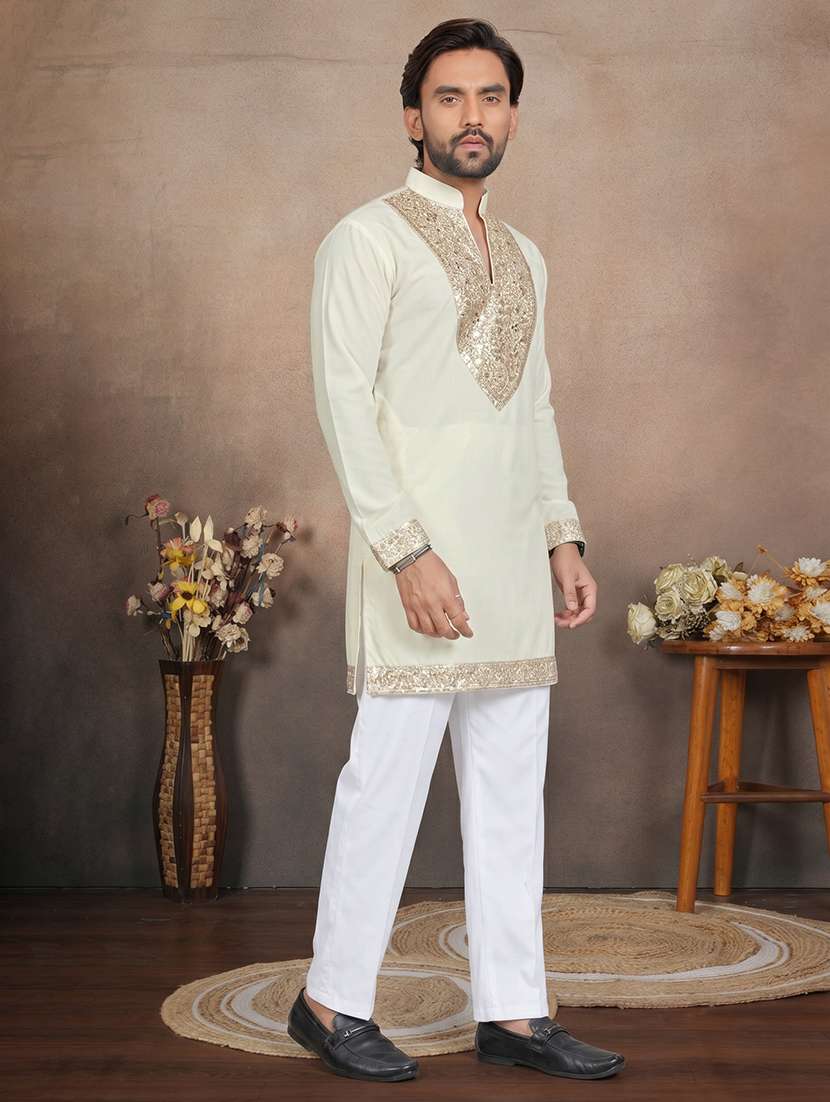 men solid with work mandarin neck short kurta - 22595278 -  Standard Image - 3