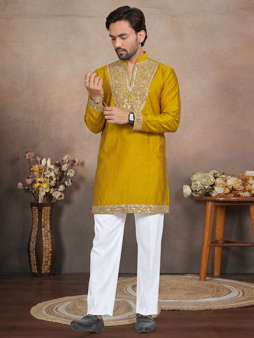 men solid with work mandarin neck short kurta - 22595279 -  Standard Image - 3