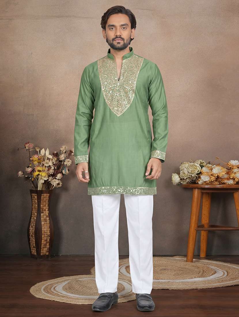 men solid with work mandarin neck short kurta