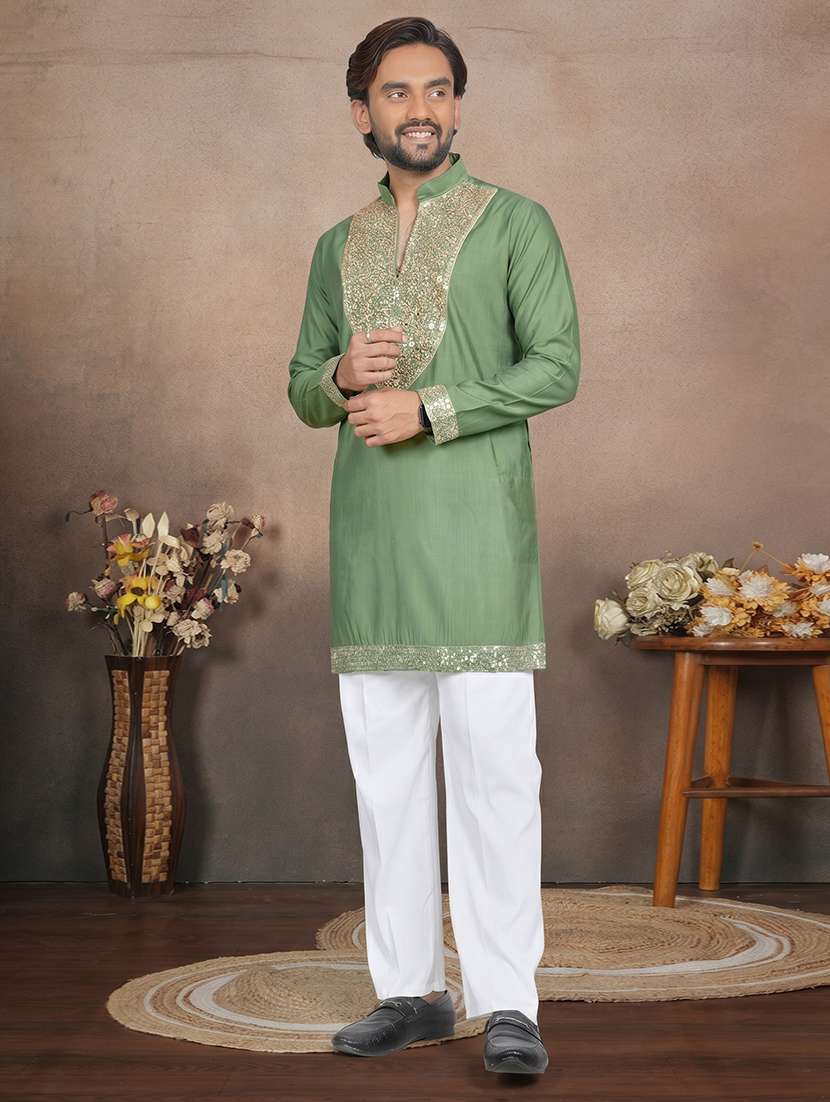 men solid with work mandarin neck short kurta - 22595280 -  Standard Image - 3