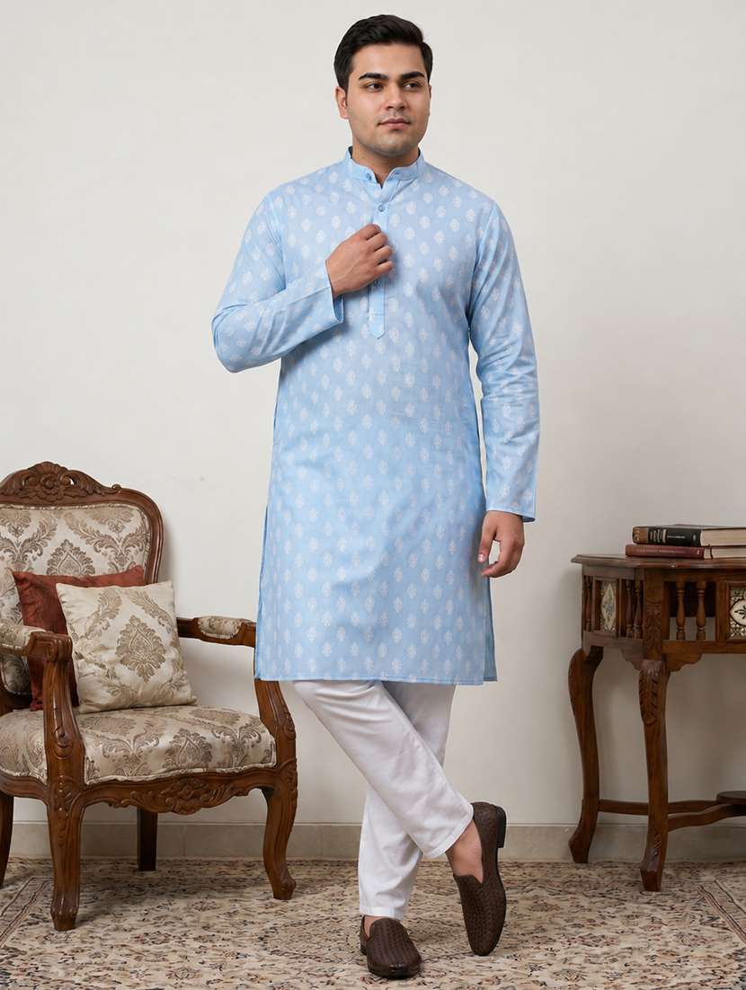 men printed mandarin neck kurta pyjama set