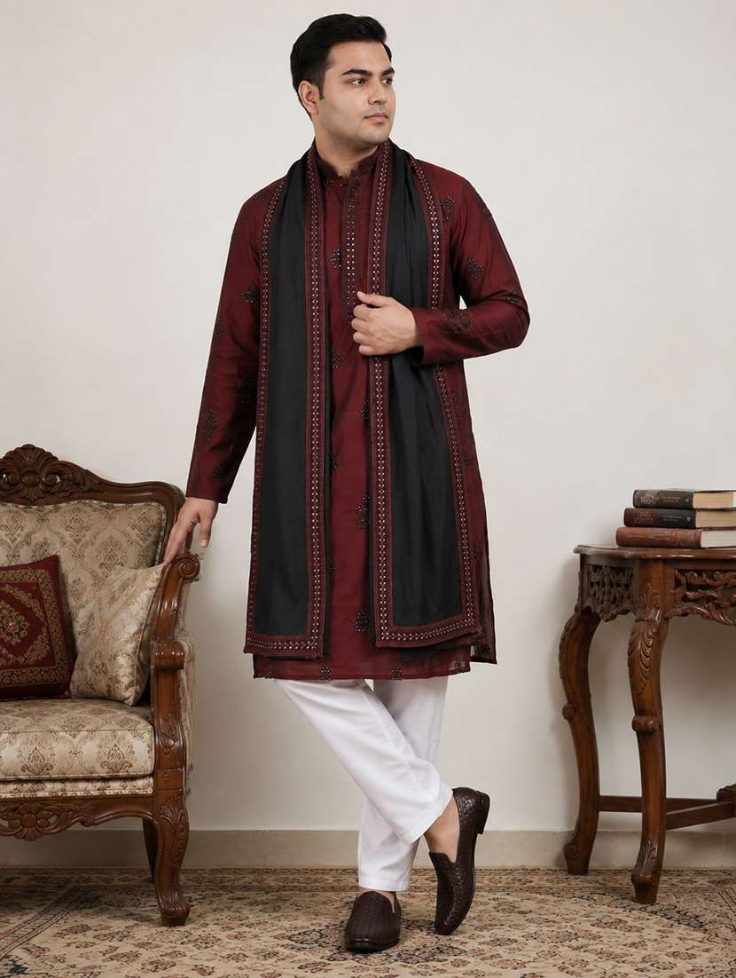 men solid with work mandarin neck kurta pyjama with dupatta set
